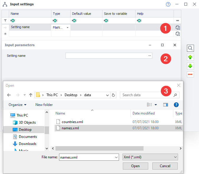 Settings editor window (1), how the user sees the setting (2), and the dialog box that opens when you click […] in Windows 10 (3)